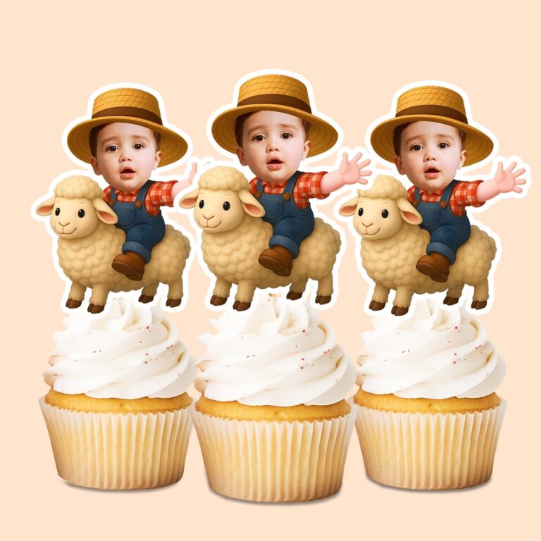Custom Farmer Riding a Sheep Red Plaid Shirt Face Cutout – Cupcake Topper Custom Farmer Riding a Sheep Red Plaid Shirt Face Cutout shown on a cupcake topper mockup