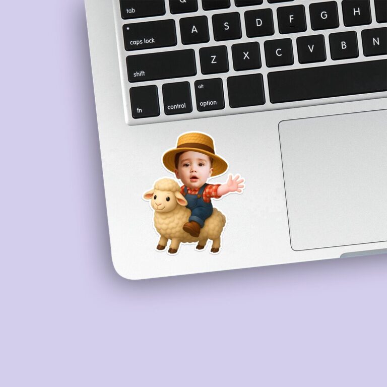 Custom Farmer Riding a Sheep Red Plaid Shirt Face Cutout – Sticker Custom Farmer Riding a Sheep Red Plaid Shirt Face Cutout shown on a sticker mockup