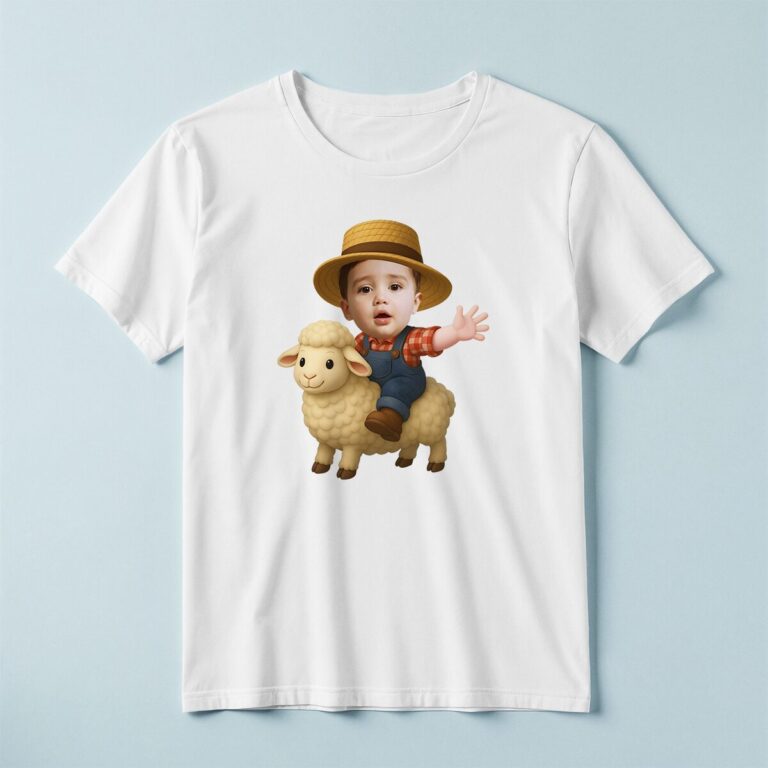 Custom Farmer Riding a Sheep Red Plaid Shirt Face Cutout – T-shirt Custom Farmer Riding a Sheep Red Plaid Shirt Face Cutout shown on a T-shirt mockup