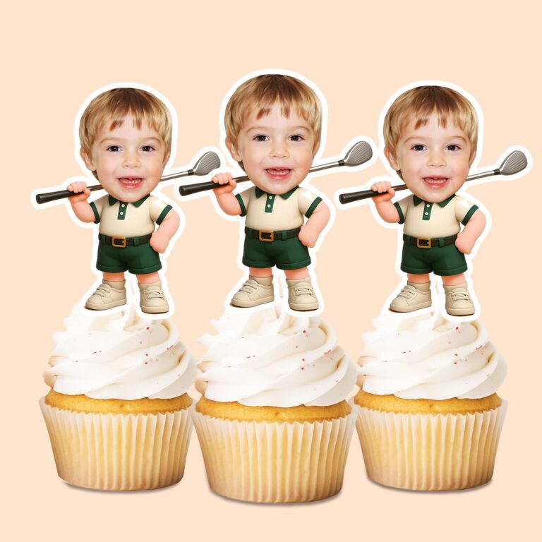 Custom Golfer with Club Over Shoulder Face Cutout – Cupcake Topper Custom Golfer with Club Over Shoulder Face Cutout shown on a cupcake topper mockup