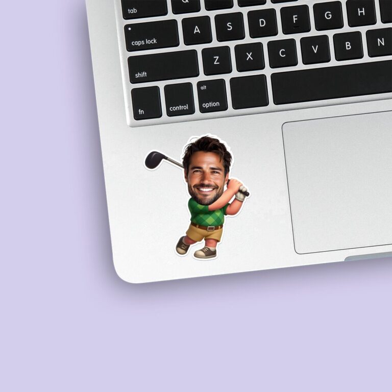 Custom Golfer Finishing Green Argyle Polo Face Cutout – Sticker Custom Golfer Finishing Green Argyle Polo Face Cutout shown on a sticker mockup