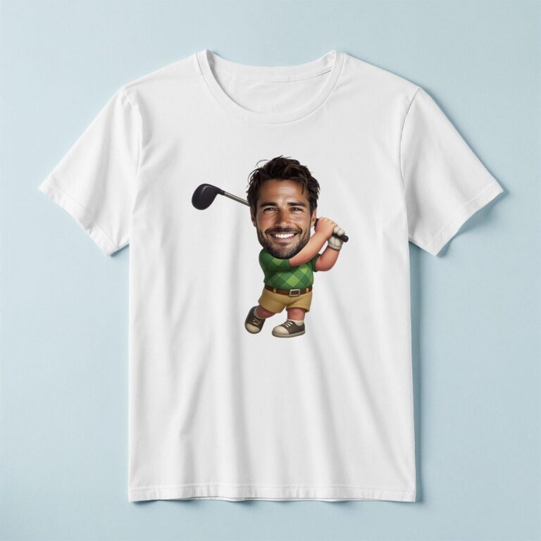 Custom Golfer Finishing Green Argyle Polo Face Cutout – T-shirt Custom Golfer Finishing Green Argyle Polo Face Cutout shown on a T-shirt mockup