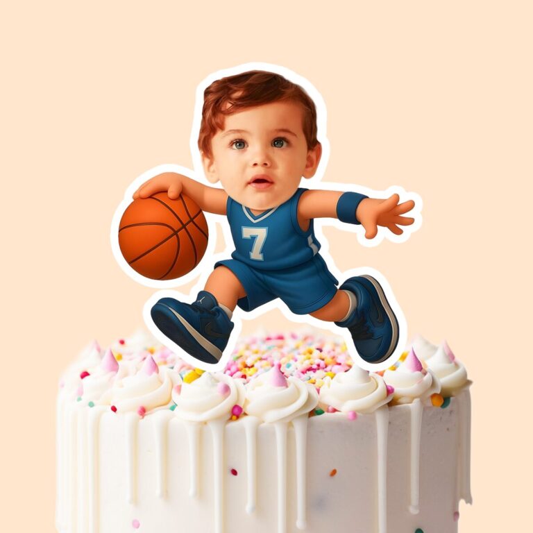 Custom Blue Number 7 Basketball Dribbler Face Cutout – Cake Topper Custom Blue Number 7 Basketball Dribbler Face Cutout shown on a cake topper mockup