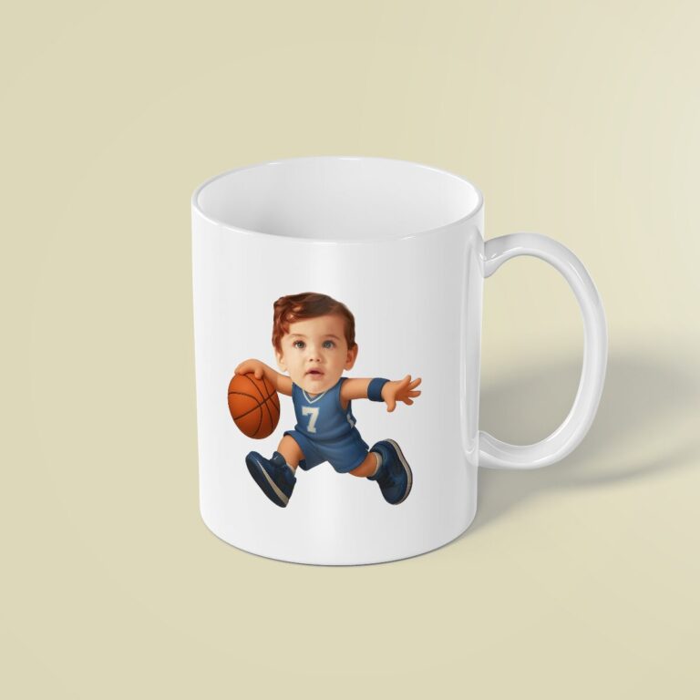 Custom Blue Number 7 Basketball Dribbler Face Cutout – Mug Custom Blue Number 7 Basketball Dribbler Face Cutout shown on a mug mockup