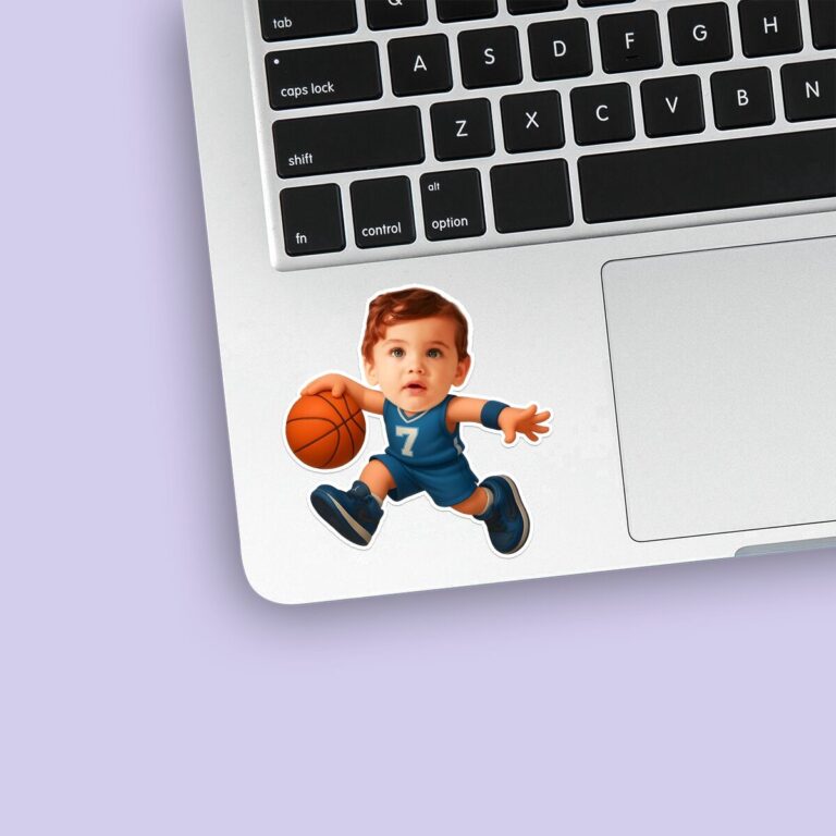 Custom Blue Number 7 Basketball Dribbler Face Cutout – Sticker Custom Blue Number 7 Basketball Dribbler Face Cutout shown on a sticker mockup