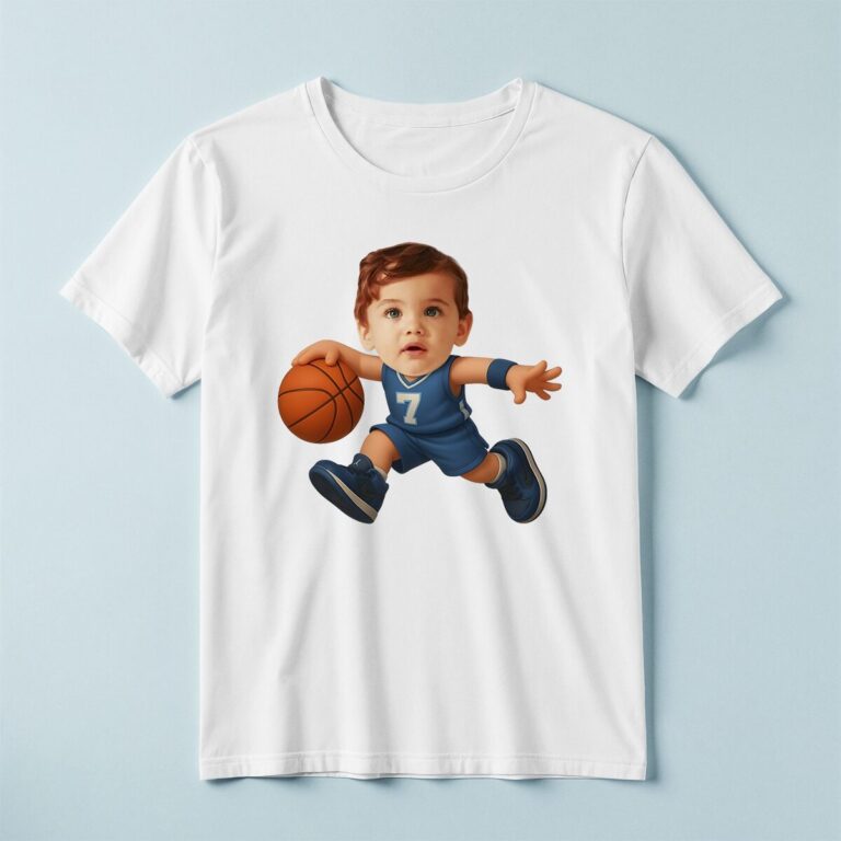 Custom Blue Number 7 Basketball Dribbler Face Cutout – T-shirt Custom Blue Number 7 Basketball Dribbler Face Cutout shown on a T-shirt mockup
