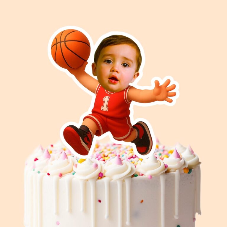 Custom Red Number 1 Basketball Child Face Cutout – Cake Topper Custom Red Number 1 Basketball Child Face Cutout shown on a cake topper mockup