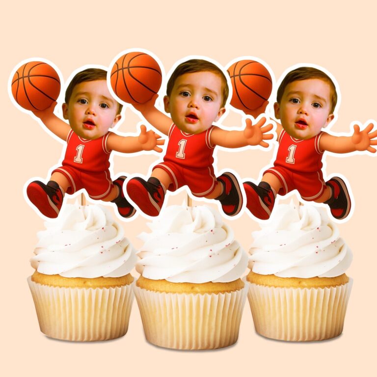 Custom Red Number 1 Basketball Child Face Cutout – Cupcake Topper Custom Red Number 1 Basketball Child Face Cutout shown on a cupcake topper mockup