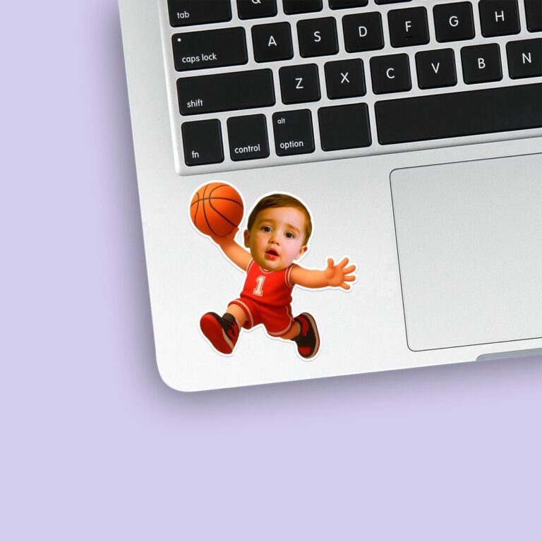 Custom Red Number 1 Basketball Child Face Cutout – Sticker Custom Red Number 1 Basketball Child Face Cutout shown on a sticker mockup