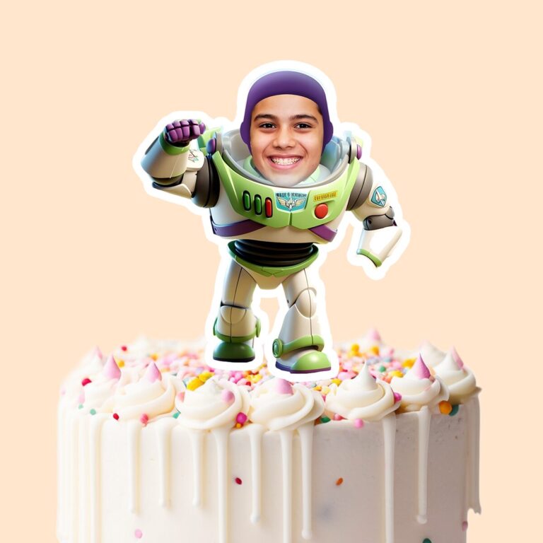 Custom Space Ranger Running Forward Face Cutout – Cake Topper Custom Space Ranger Running Forward Face Cutout shown on a cake topper mockup