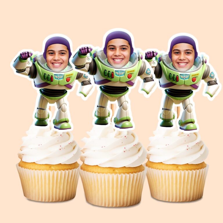 Custom Space Ranger Running Forward Face Cutout – Cupcake Topper Custom Space Ranger Running Forward Face Cutout shown on a cupcake topper mockup