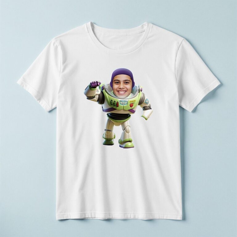 Custom Space Ranger Running Forward Face Cutout – T-shirt Custom Space Ranger Running Forward Face Cutout shown on a T-shirt mockup