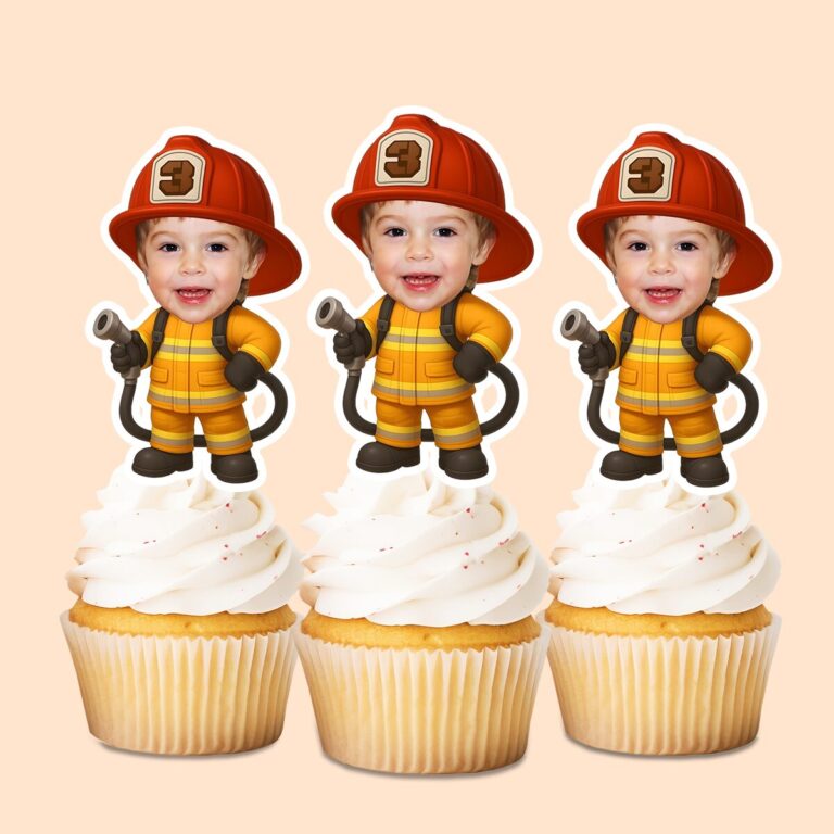 Custom Number 3 Firefighter with Hose Face Cutout – Cupcake Topper Custom Number 3 Firefighter with Hose Face Cutout shown on a cupcake topper mockup