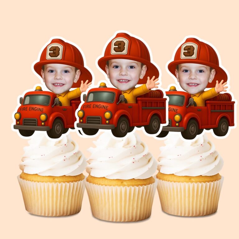 Custom Number 3 Firefighter Riding a Fire Face Cutout – Cupcake Topper Custom Number 3 Firefighter Riding a Fire Face Cutout shown on a cupcake topper mockup