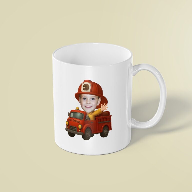 Custom Number 3 Firefighter Riding a Fire Face Cutout – Mug Custom Number 3 Firefighter Riding a Fire Face Cutout shown on a mug mockup
