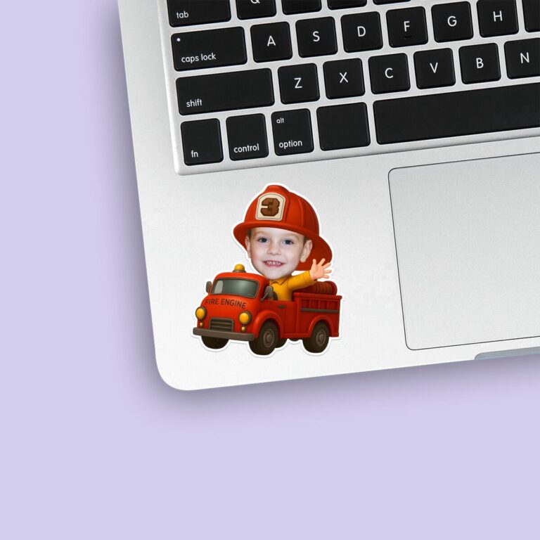 Custom Number 3 Firefighter Riding a Fire Face Cutout – Sticker Custom Number 3 Firefighter Riding a Fire Face Cutout shown on a sticker mockup