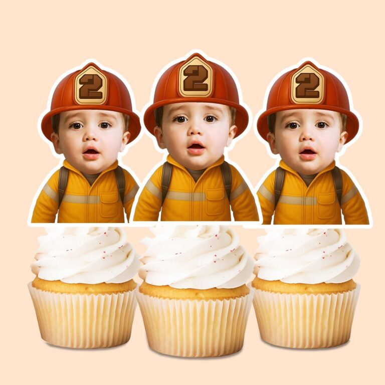 Custom Number 2 Firefighter Portrait Face Cutout – Cupcake Topper Custom Number 2 Firefighter Portrait Face Cutout shown on a cupcake topper mockup