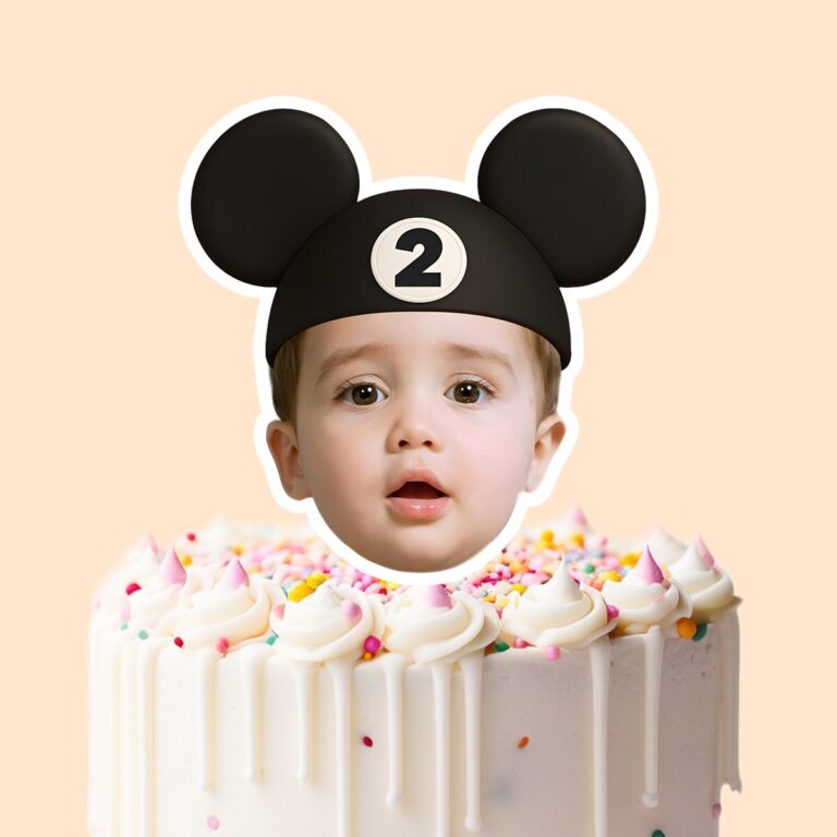 Custom Number 2 Mouse-Ear Portrait Face Cutout – Cake Topper Custom Number 2 Mouse-Ear Portrait Face Cutout shown on a cake topper mockup
