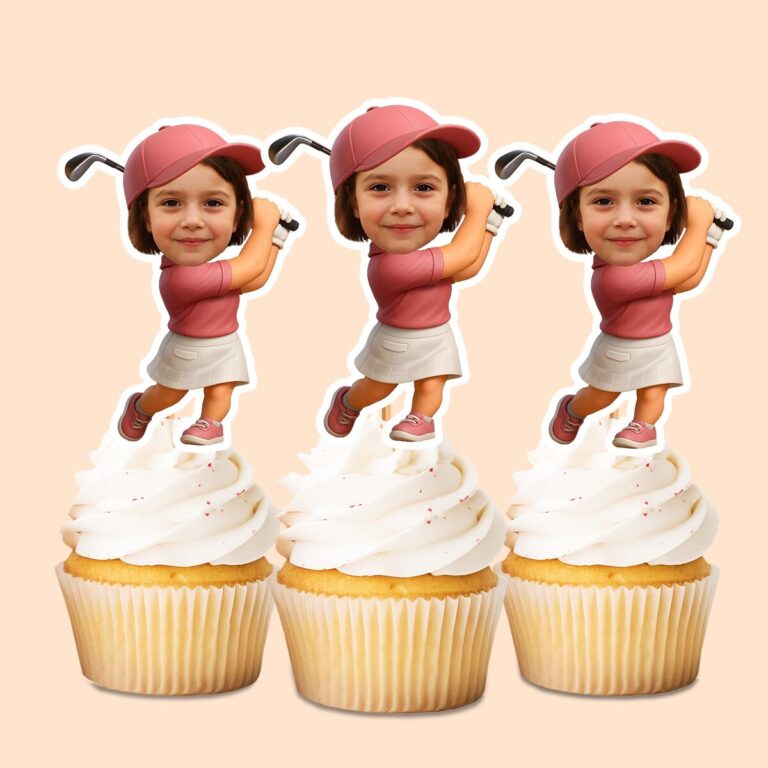 Custom Golfer Finishing a Swing Pink Cap Face Cutout – Cupcake Topper Custom Golfer Finishing a Swing Pink Cap Face Cutout shown on a cupcake topper mockup