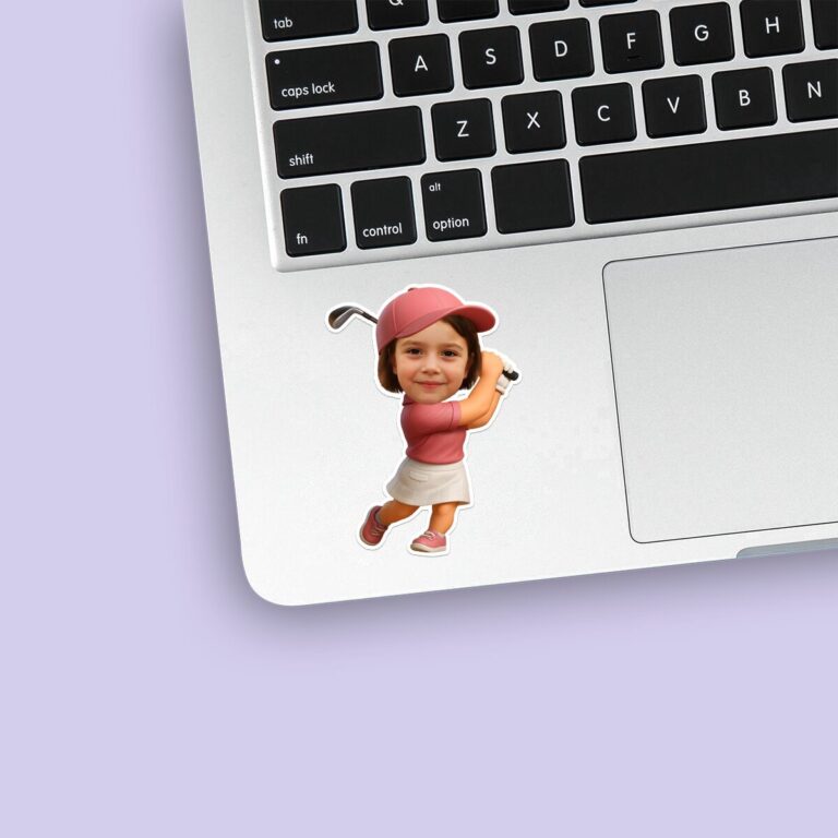 Custom Golfer Finishing a Swing Pink Cap Face Cutout – Sticker Custom Golfer Finishing a Swing Pink Cap Face Cutout shown on a sticker mockup