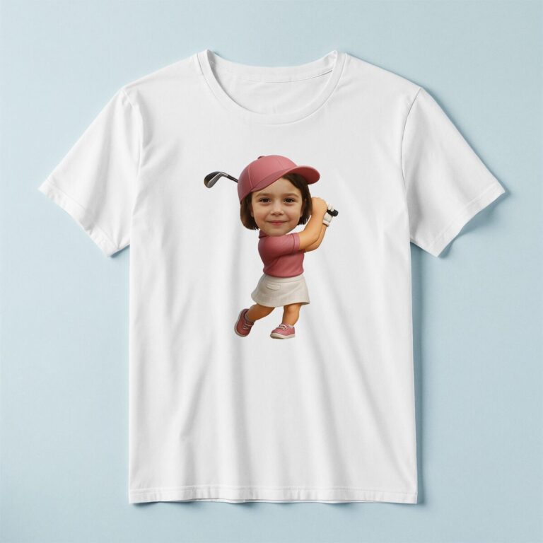 Custom Golfer Finishing a Swing Pink Cap Face Cutout – T-shirt Custom Golfer Finishing a Swing Pink Cap Face Cutout shown on a T-shirt mockup