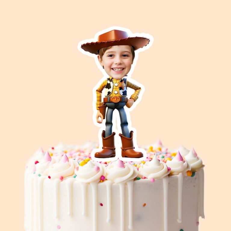 Custom Cowboy Sheriff Character Face Cutout – Cake Topper Custom Cowboy Sheriff Character Face Cutout shown on a cake topper mockup