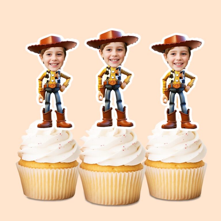 Custom Cowboy Sheriff Character Face Cutout – Cupcake Topper Custom Cowboy Sheriff Character Face Cutout shown on a cupcake topper mockup