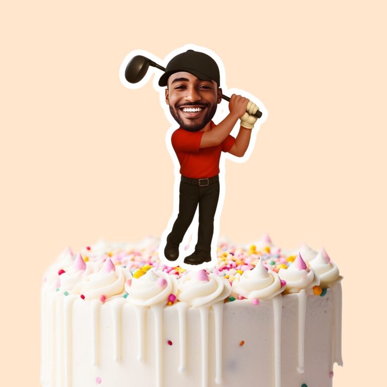 Custom Golfer Backward Black Cap Face Cutout – Cake Topper Custom Golfer Backward Black Cap Face Cutout shown on a cake topper mockup