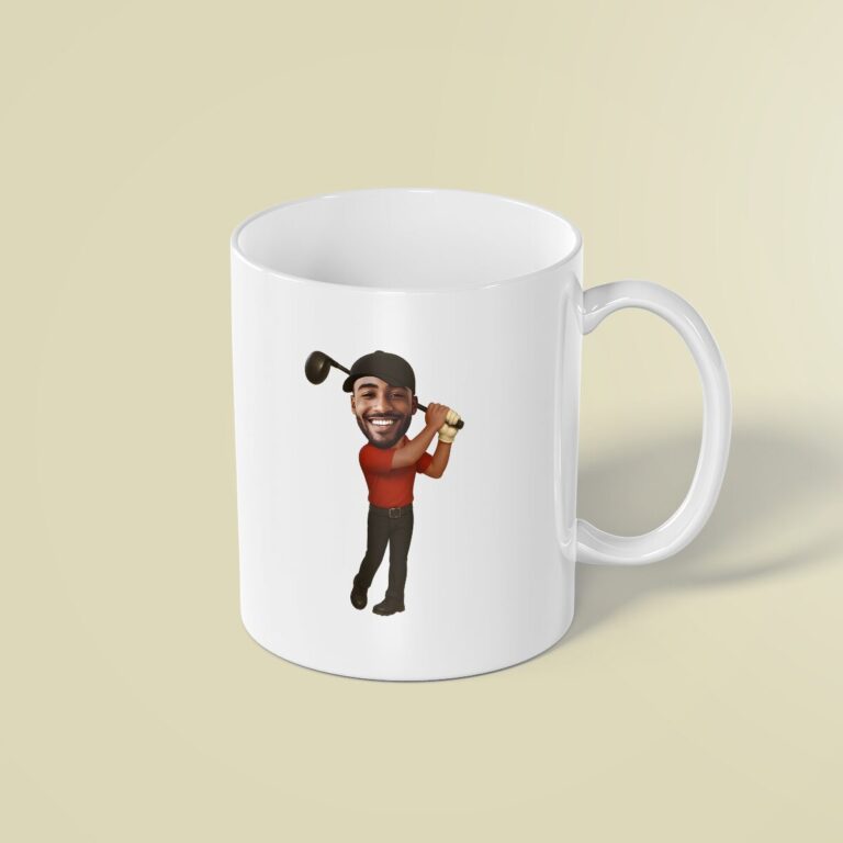 Custom Golfer Backward Black Cap Face Cutout – Mug Custom Golfer Backward Black Cap Face Cutout shown on a mug mockup