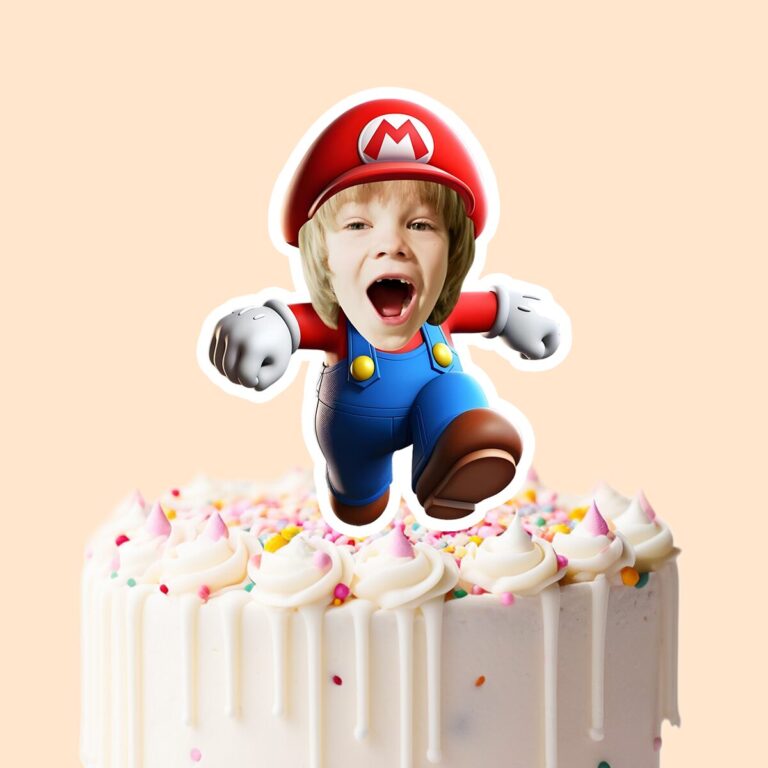 Custom Red-Capped Game-World Plumber Face Cutout – Cake Topper Custom Red-Capped Game-World Plumber Face Cutout shown on a cake topper mockup
