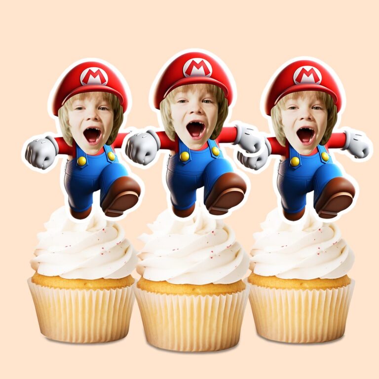 Custom Red-Capped Game-World Plumber Face Cutout – Cupcake Topper Custom Red-Capped Game-World Plumber Face Cutout shown on a cupcake topper mockup