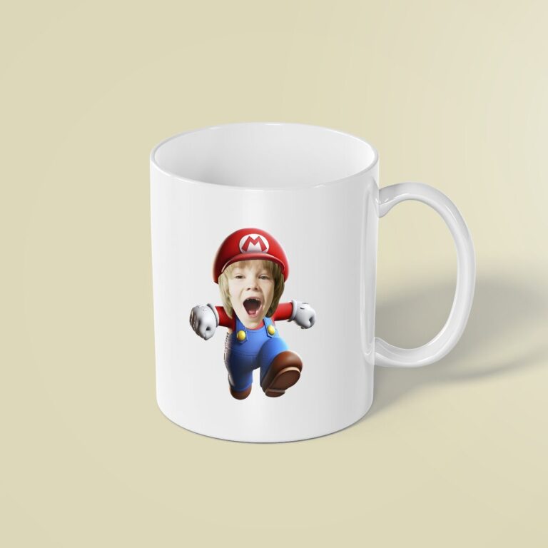 Custom Red-Capped Game-World Plumber Face Cutout – Mug Custom Red-Capped Game-World Plumber Face Cutout shown on a mug mockup