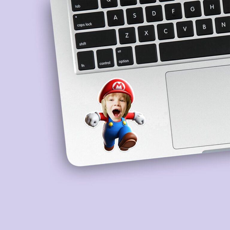 Custom Red-Capped Game-World Plumber Face Cutout – Sticker Custom Red-Capped Game-World Plumber Face Cutout shown on a sticker mockup