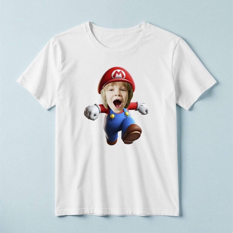 Custom Red-Capped Game-World Plumber Face Cutout – T-shirt Custom Red-Capped Game-World Plumber Face Cutout shown on a T-shirt mockup