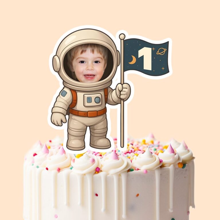Custom First-Birthday Navy Space Flag Face Cutout – Cake Topper Custom First-Birthday Navy Space Flag Face Cutout shown on a cake topper mockup