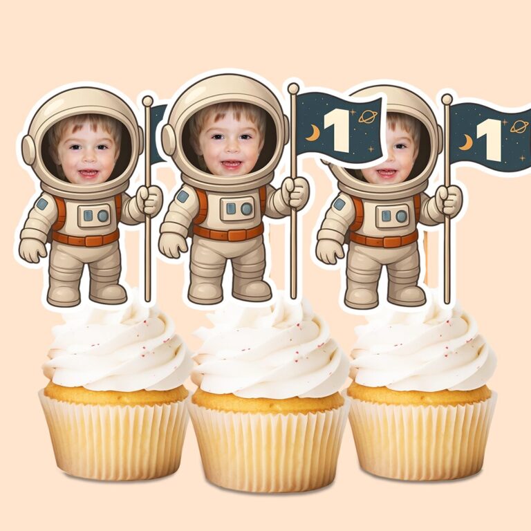 Custom First-Birthday Navy Space Flag Face Cutout – Cupcake Topper Custom First-Birthday Navy Space Flag Face Cutout shown on a cupcake topper mockup