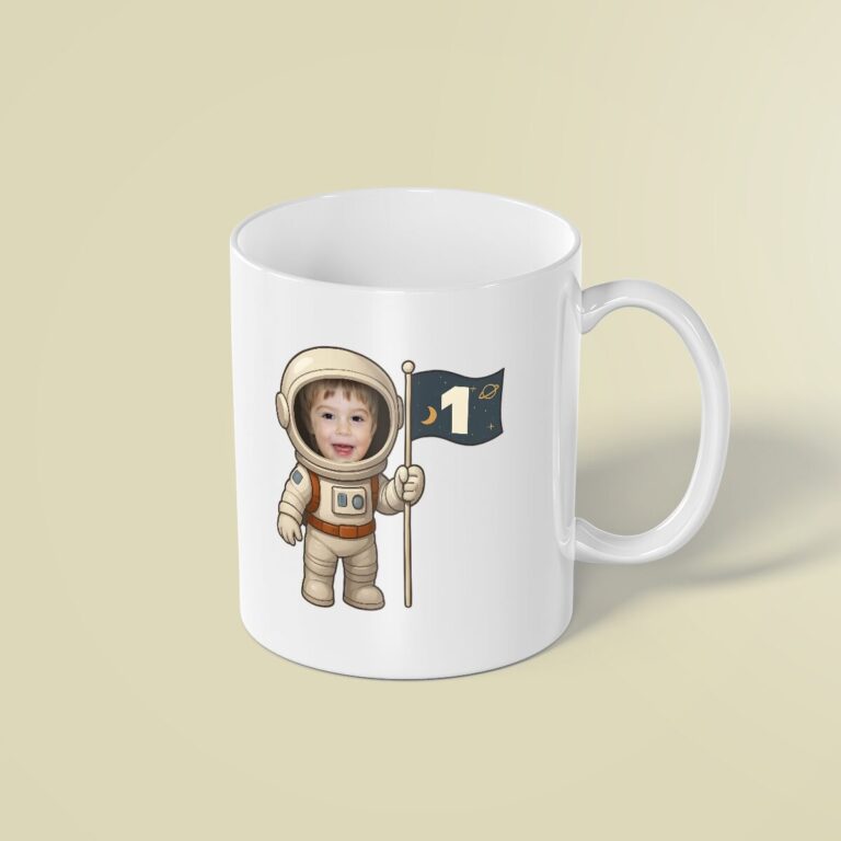 Custom First-Birthday Navy Space Flag Face Cutout – Mug Custom First-Birthday Navy Space Flag Face Cutout shown on a mug mockup