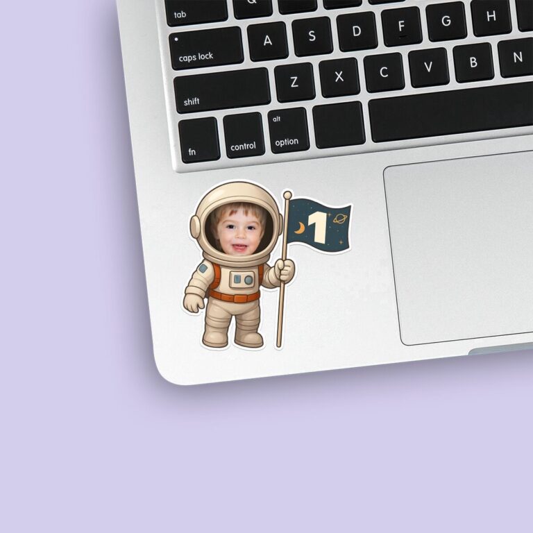 Custom First-Birthday Navy Space Flag Face Cutout – Sticker Custom First-Birthday Navy Space Flag Face Cutout shown on a sticker mockup