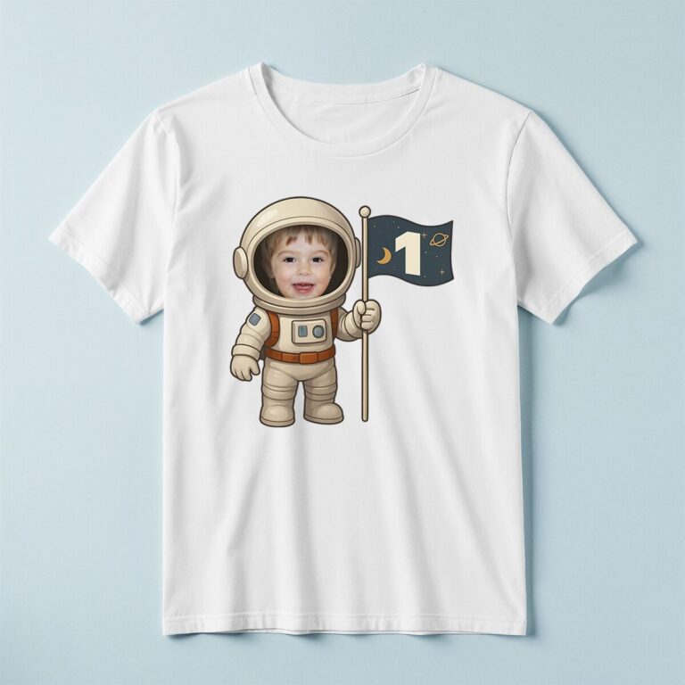 Custom First-Birthday Navy Space Flag Face Cutout – T-shirt Custom First-Birthday Navy Space Flag Face Cutout shown on a T-shirt mockup