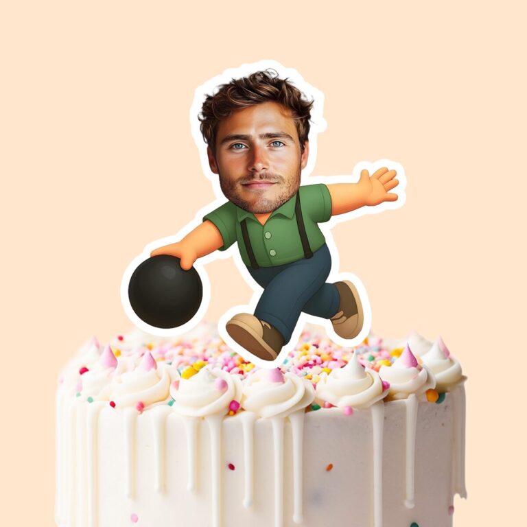 Custom Bowler Delivering a Black Ball Face Cutout – Cake Topper Custom Bowler Delivering a Black Ball Face Cutout shown on a cake topper mockup