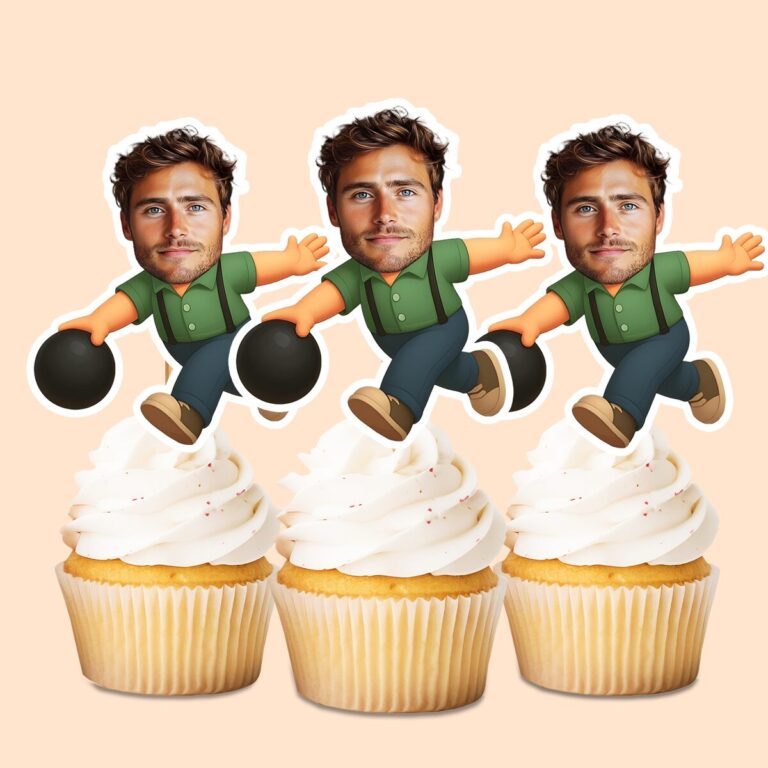 Custom Bowler Delivering a Black Ball Face Cutout – Cupcake Topper Custom Bowler Delivering a Black Ball Face Cutout shown on a cupcake topper mockup
