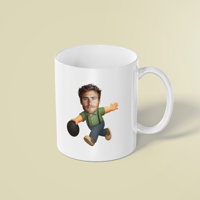 Custom Bowler Delivering a Black Ball Face Cutout – Mug Custom Bowler Delivering a Black Ball Face Cutout shown on a mug mockup