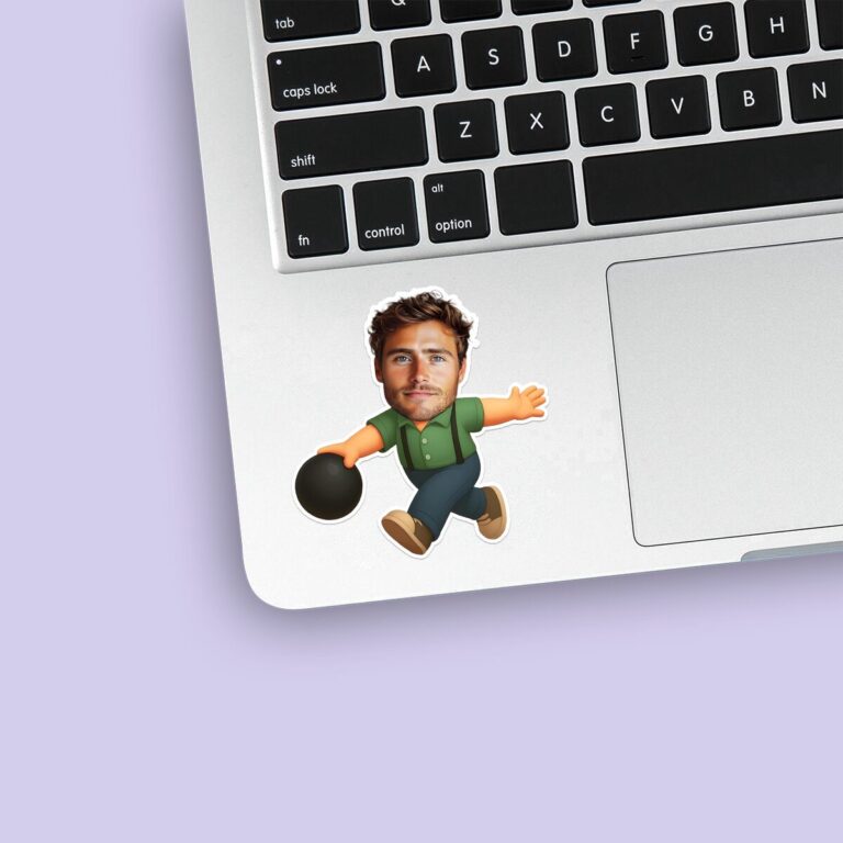 Custom Bowler Delivering a Black Ball Face Cutout – Sticker Custom Bowler Delivering a Black Ball Face Cutout shown on a sticker mockup