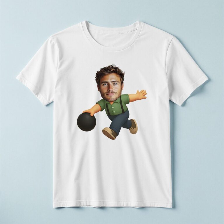 Custom Bowler Delivering a Black Ball Face Cutout – T-shirt Custom Bowler Delivering a Black Ball Face Cutout shown on a T-shirt mockup