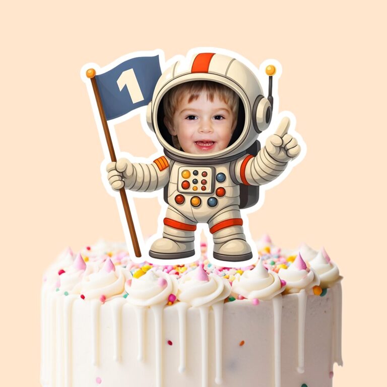 Custom First-Birthday Astronaut Control Panel Face Cutout – Cake Topper Custom First-Birthday Astronaut Control Panel Face Cutout shown on a cake topper mockup