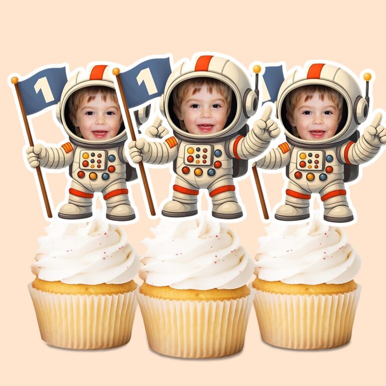 Custom First-Birthday Astronaut Control Panel Face Cutout – Cupcake Topper Custom First-Birthday Astronaut Control Panel Face Cutout shown on a cupcake topper mockup