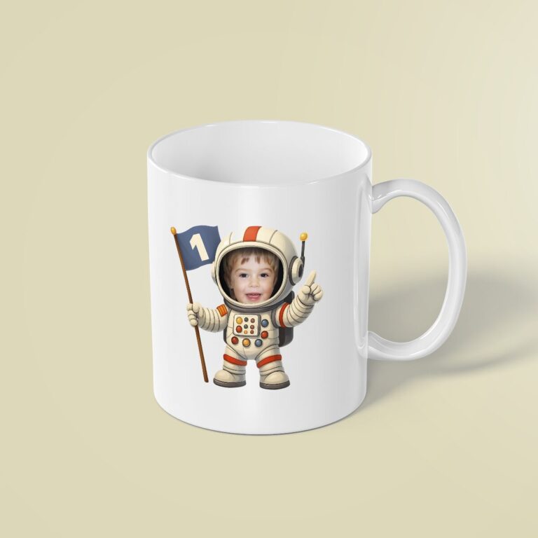 Custom First-Birthday Astronaut Control Panel Face Cutout – Mug Custom First-Birthday Astronaut Control Panel Face Cutout shown on a mug mockup