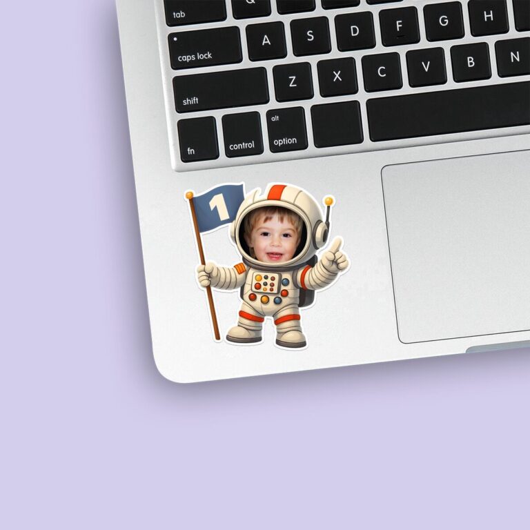 Custom First-Birthday Astronaut Control Panel Face Cutout – Sticker Custom First-Birthday Astronaut Control Panel Face Cutout shown on a sticker mockup