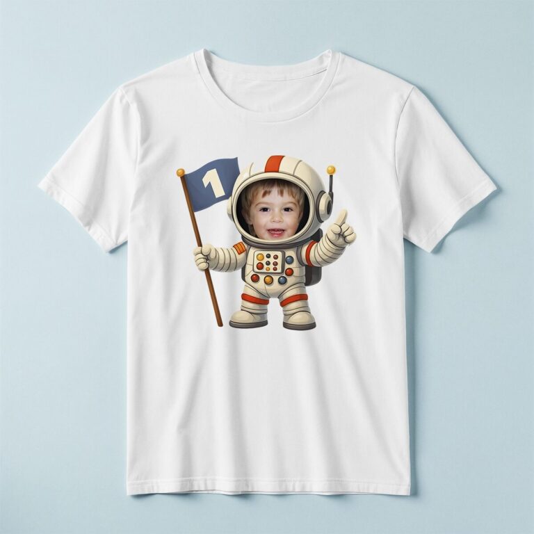 Custom First-Birthday Astronaut Control Panel Face Cutout – T-shirt Custom First-Birthday Astronaut Control Panel Face Cutout shown on a T-shirt mockup