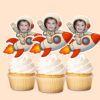 Custom Astronaut Riding Cream Space Suit Face Cutout – Cupcake Topper Custom Astronaut Riding Cream Space Suit Face Cutout shown on a cupcake topper mockup